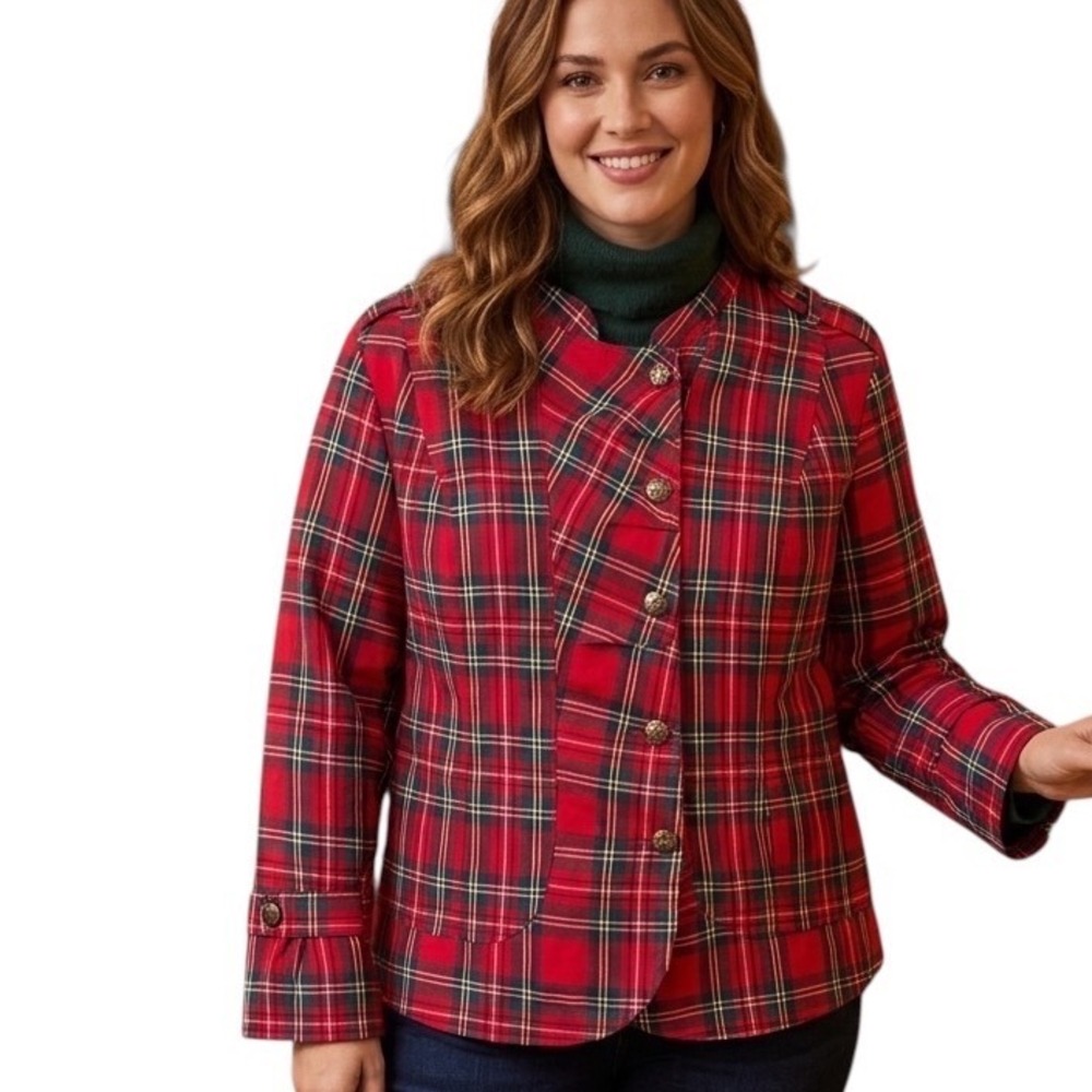 Casual Living Womens 3X Red Plaid Military Jacket Crest Button Tartan Holiday